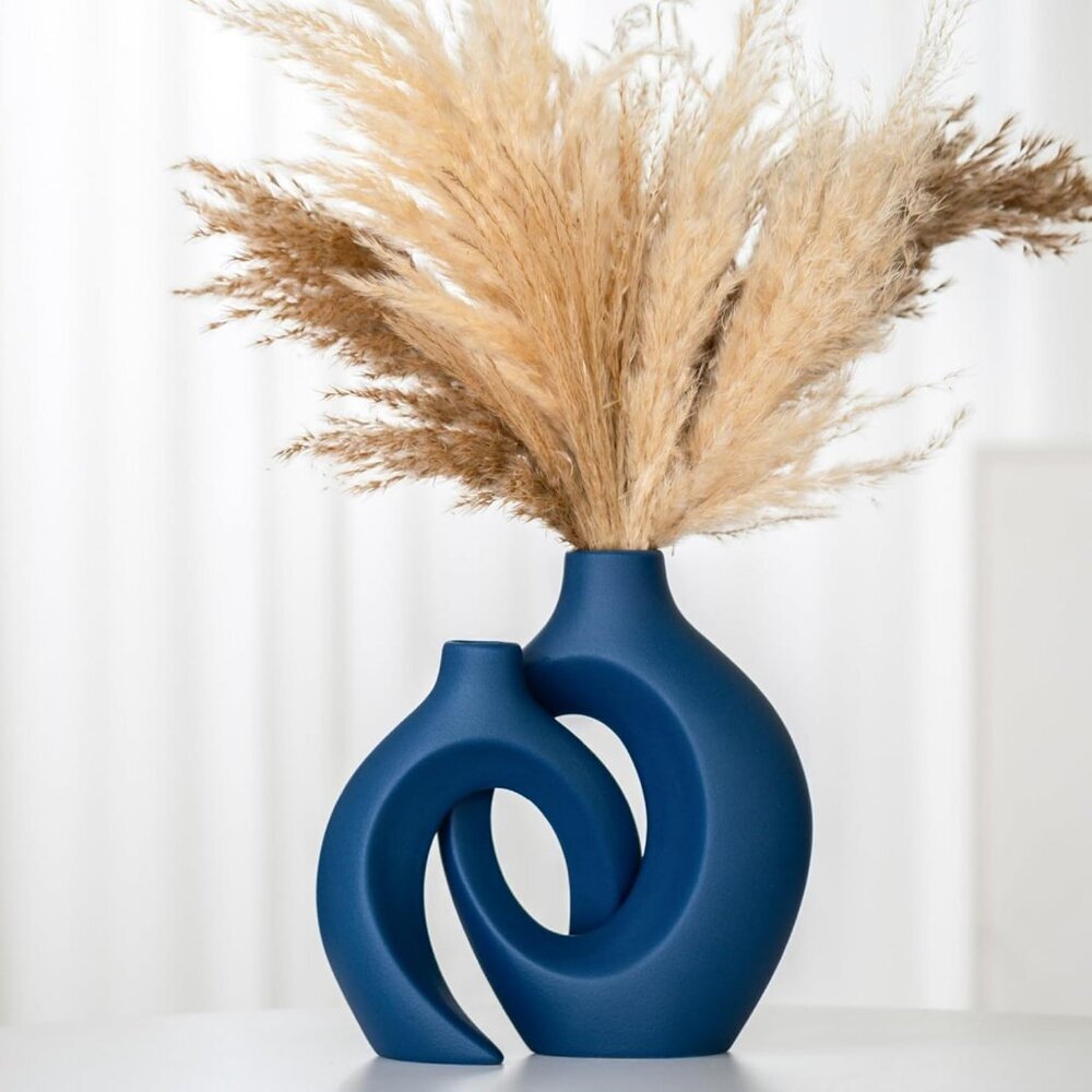 Snuggle Hollow Ceramic Vase Set of 2 Boho ins Style Round Decorative Blue Vase